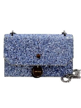 Jimmy Choo Blue Glitter Leather Crossbody Chain Bag Full Set